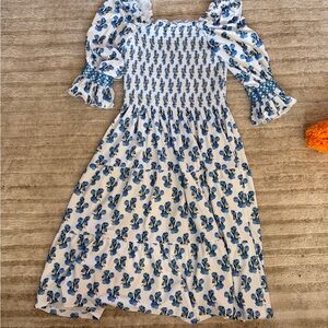 White & Blue Floral Smocked Midi Dress